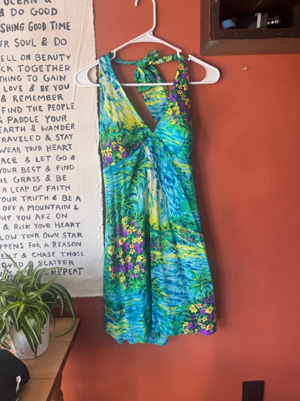 Vintage Tropical Halter Mini Dress in Blue, Green & Yellow